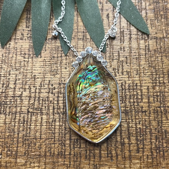 Vintage Iridescent Pendant Necklace/ Silver Chain and Yellow Gold Tone Pendant - Picture 2 of 7